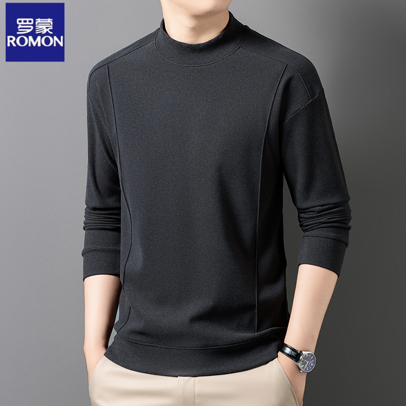 罗蒙双面德绒打底衫男半高领长袖t恤休闲磨毛卫衣男保暖内搭上衣