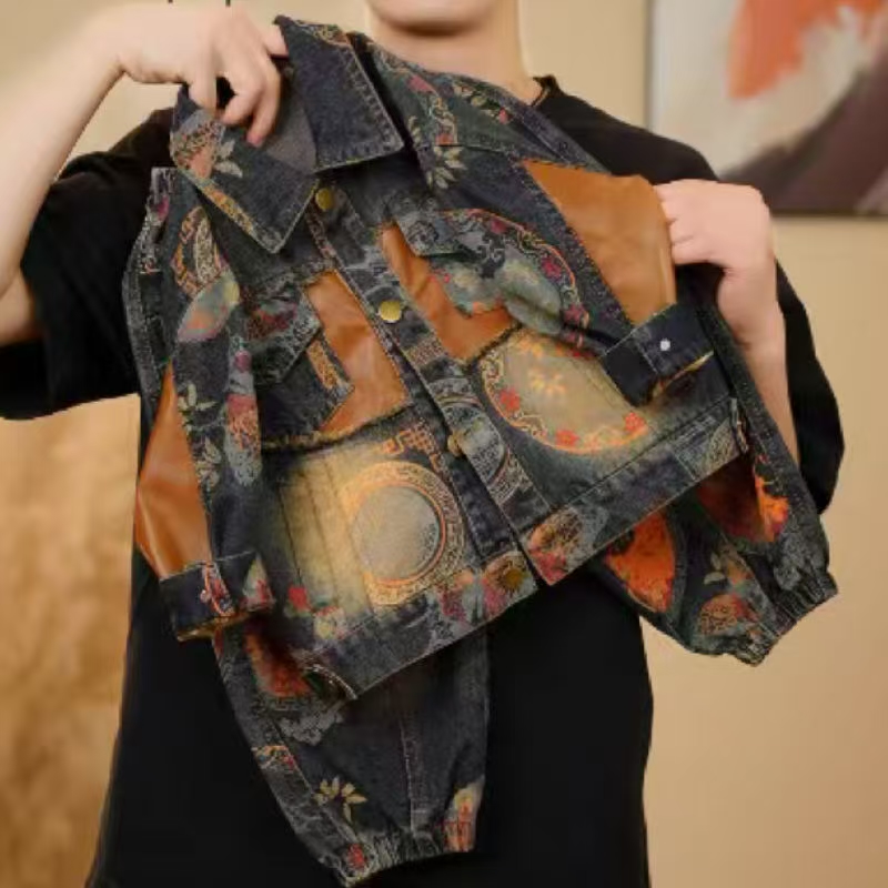 春秋常规碎花印花单排扣套装复古中国风时尚扎染牛仔男童女童套装