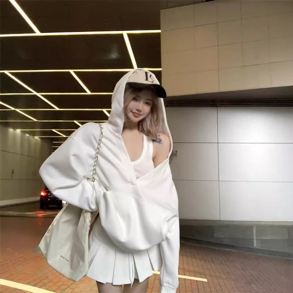 欧美复古白色连帽长袖卫衣外套女秋季宽松慵懒风休闲套头帽衫上衣