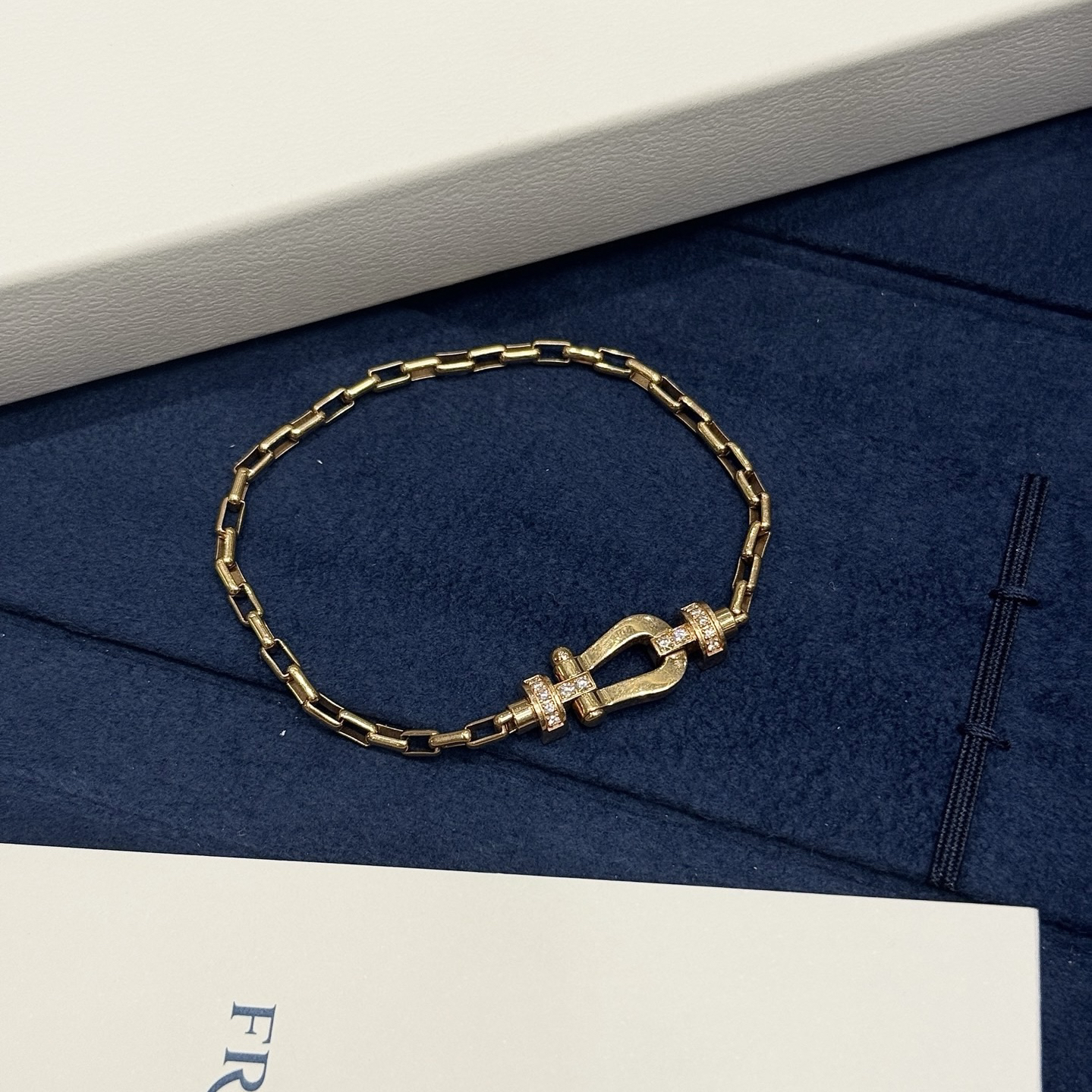 95新 FRED/斐登 中号18k玫瑰金马蹄扣带钻链条手链/二奢