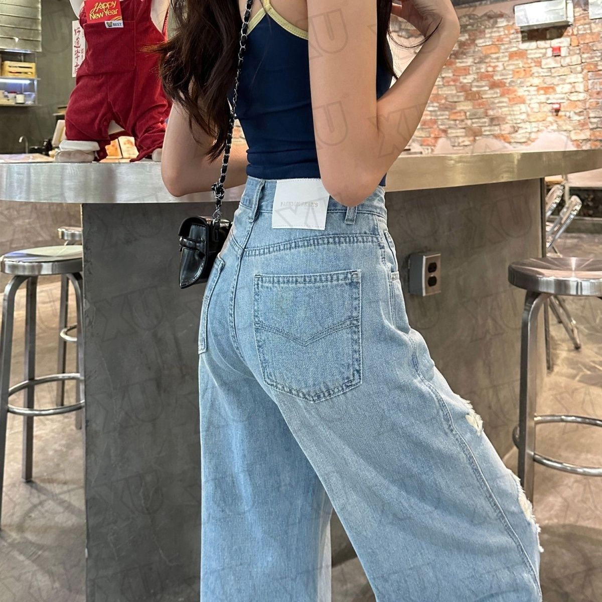 冰萃蓝夏季新款破洞牛仔裤女美式设计感时尚百搭直筒宽松阔腿裤潮