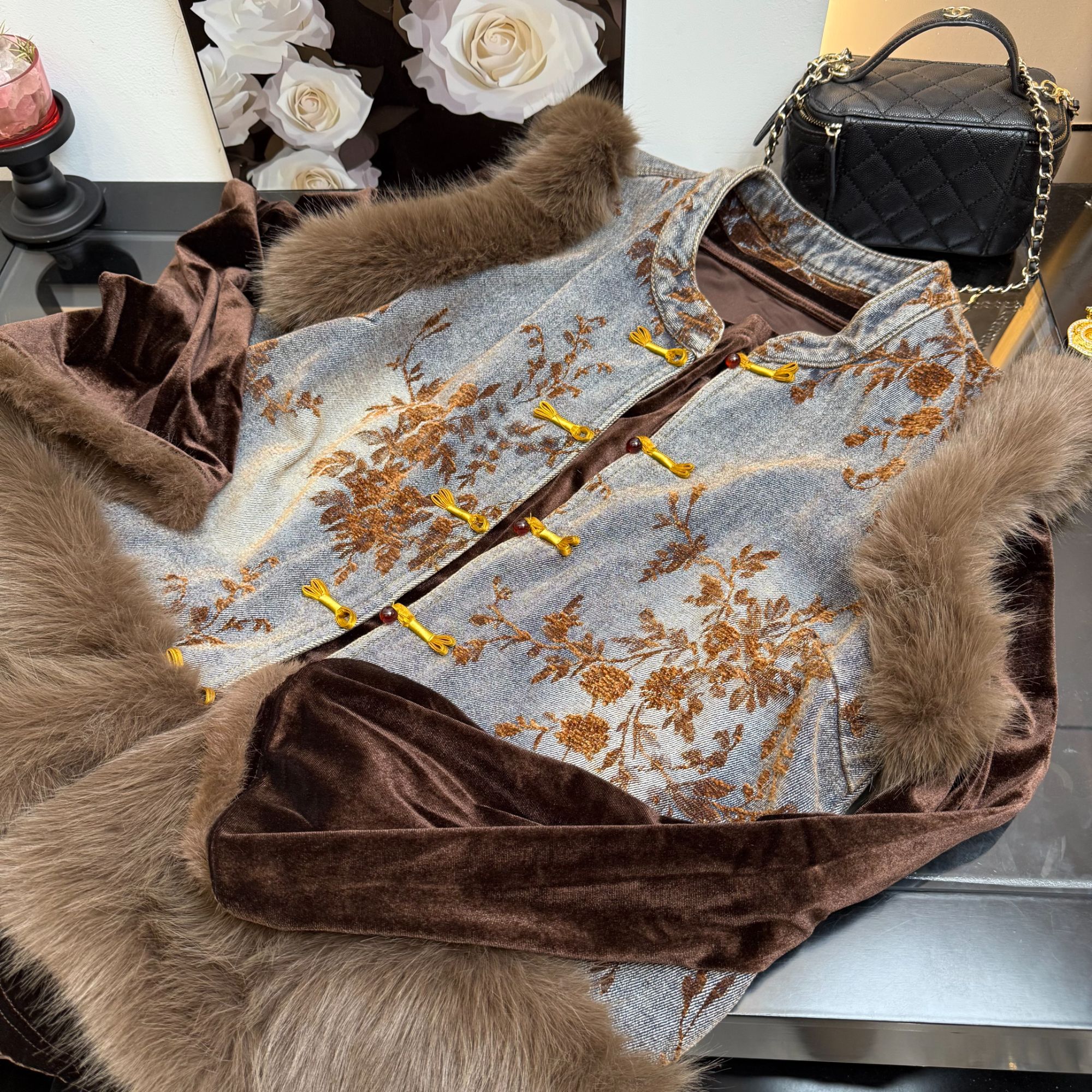 新中式休闲风中国风时尚女款套装短款马夹拼接兔毛冬季新款