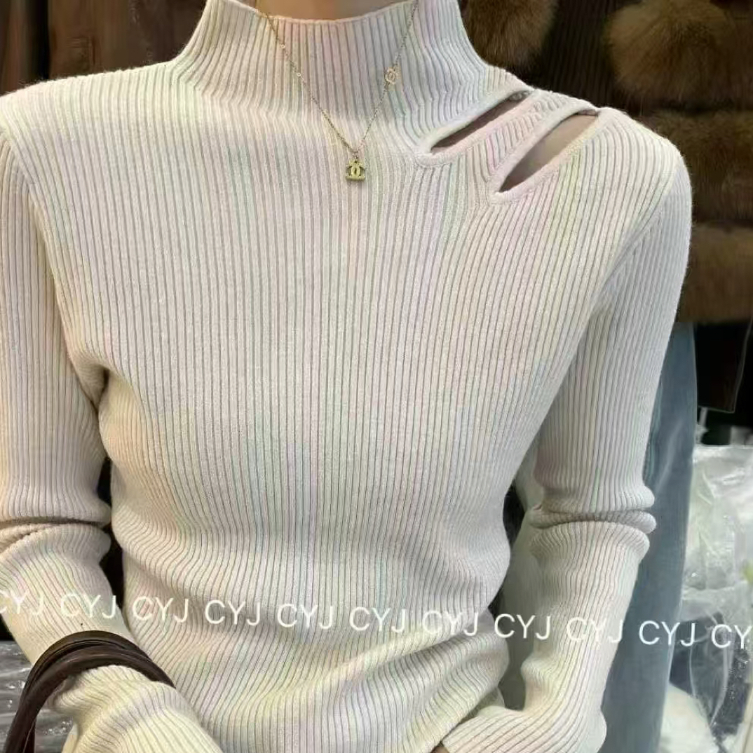 韩系镂空半高领针织打底衫女秋冬百搭显瘦修身长袖上衣潮