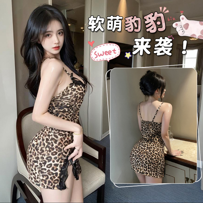 豹纹性感睡裙露背吊带裙豹纹情人节战袍睡衣耐磨五分muji风8018