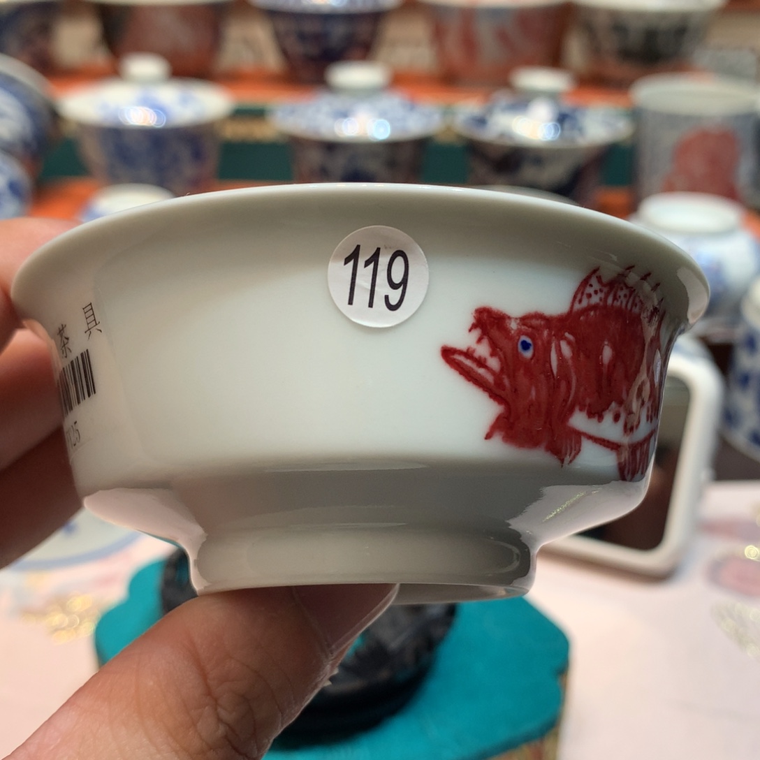 骑***水摆件陶119釉里红鱼主人杯一只fy25