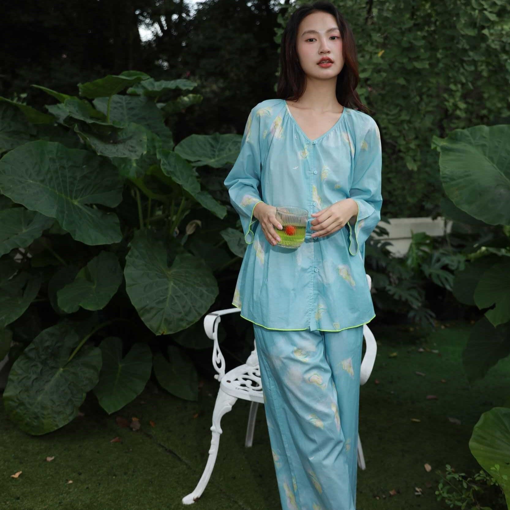 朵朵可可·261-015春夏26九分袖纽扣可外穿女家居套装