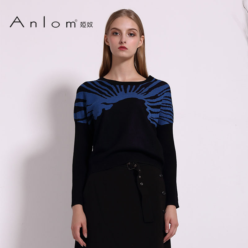 Anlom/娅奴秋装新款印花打底衫修身长袖桑蚕丝针织衫女上衣圆领