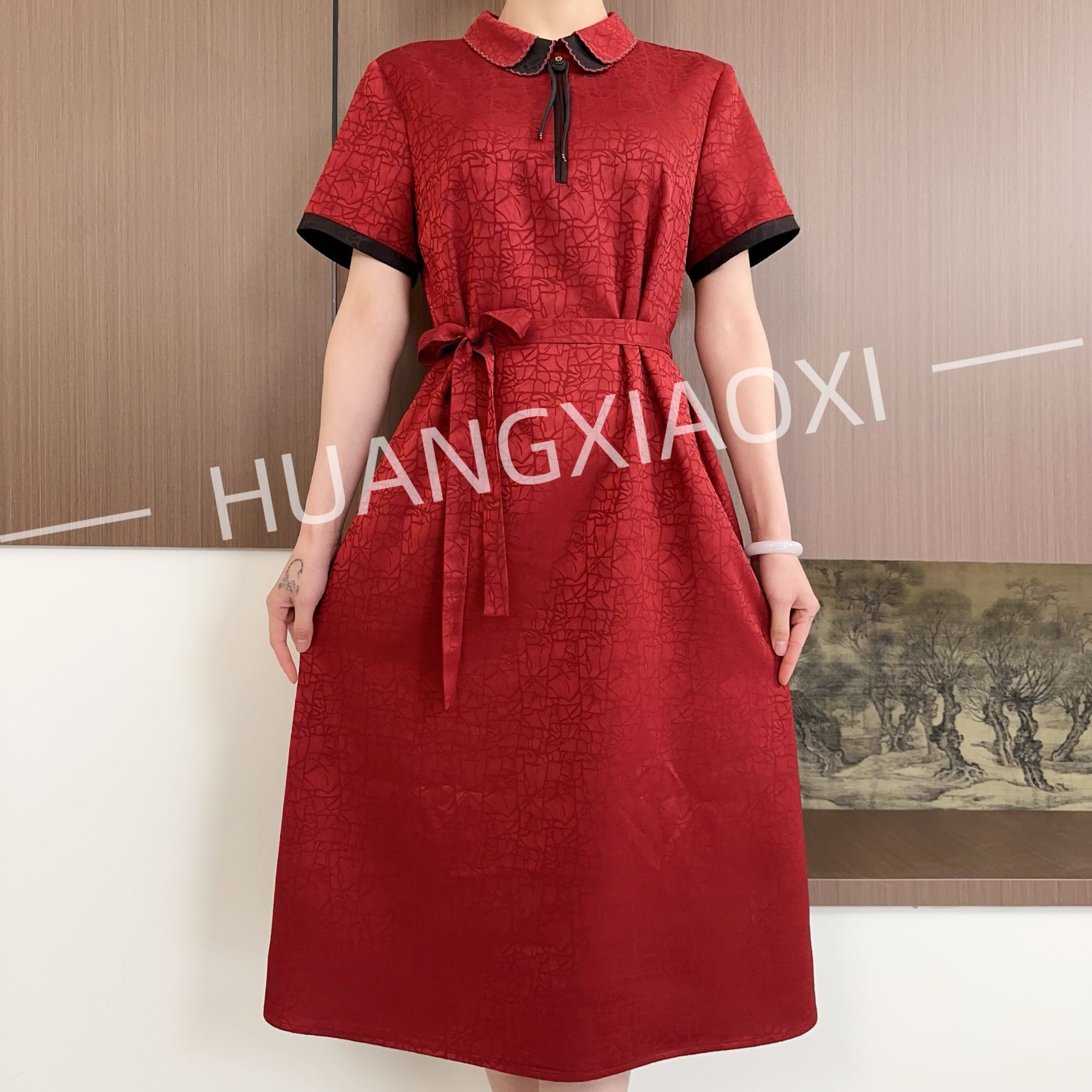 HUANGXIAOXI 复古砖红重工龟裂纹翻领娃娃领减龄连衣裙 HXX-150