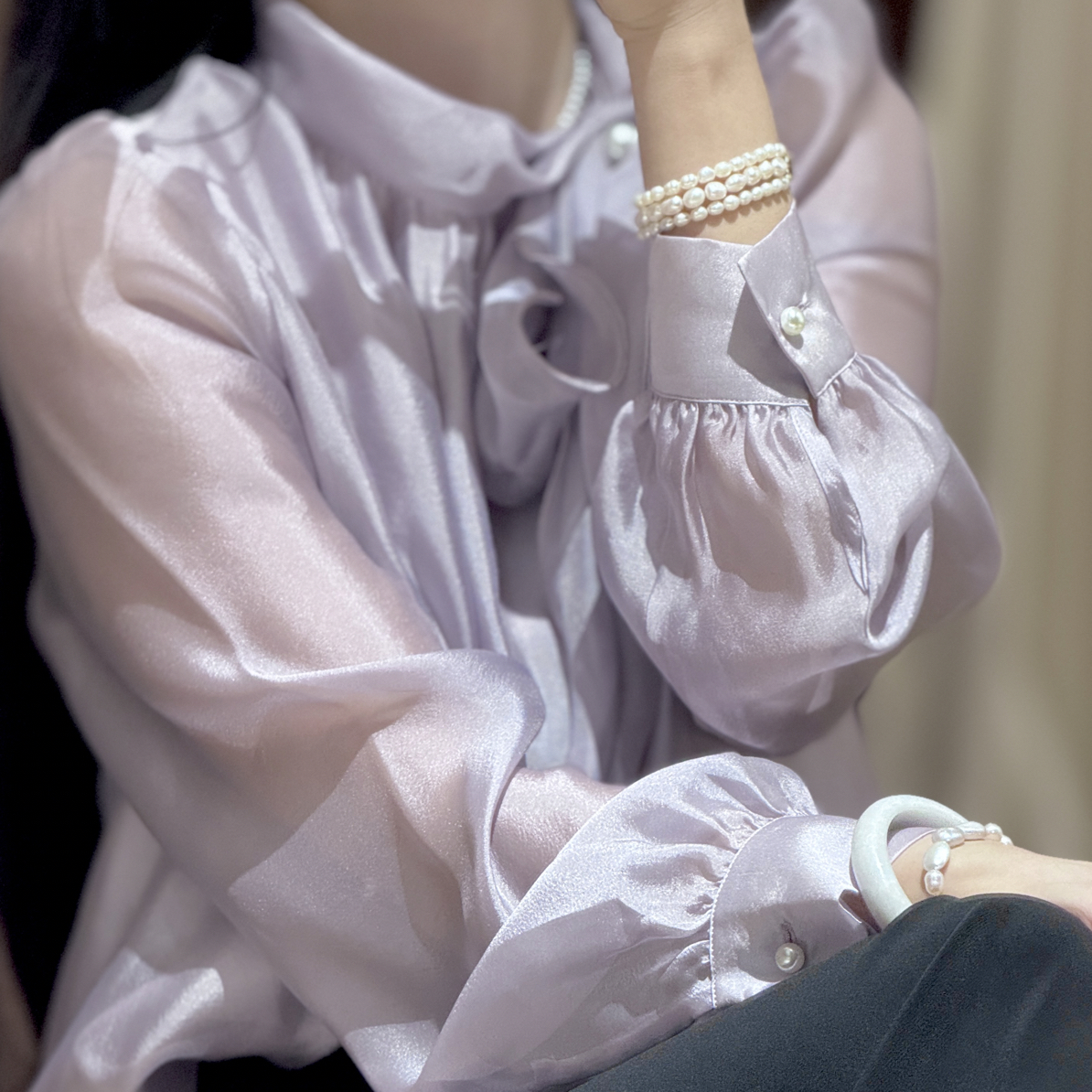 优雅少女感～蝴蝶结系带长袖网纱衬衫
