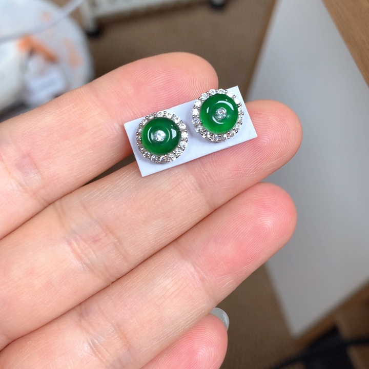 翡翠银S925镶嵌颈饰翡翠耳钉