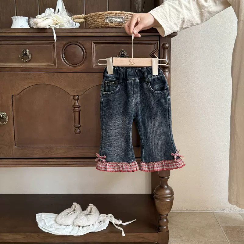 红格子微喇短腿牛仔裤加绒一体绒