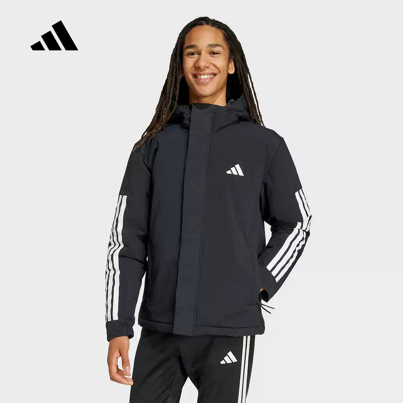 adidas阿迪达斯男女黑色三条纹运动休闲服棉服外套JY8303