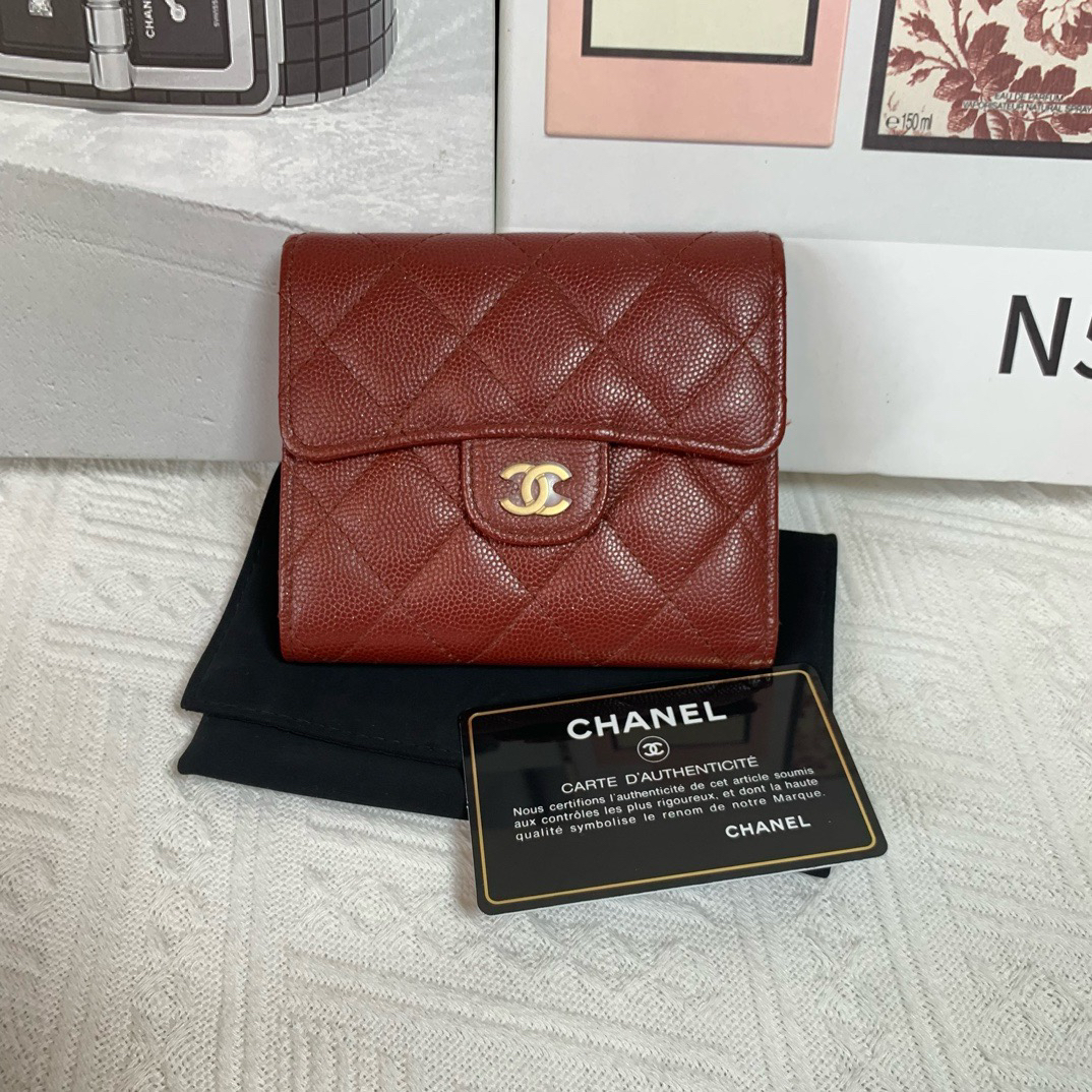 未使用 Chanel/香奈儿 珠光酒红色荔枝三折钱包25开