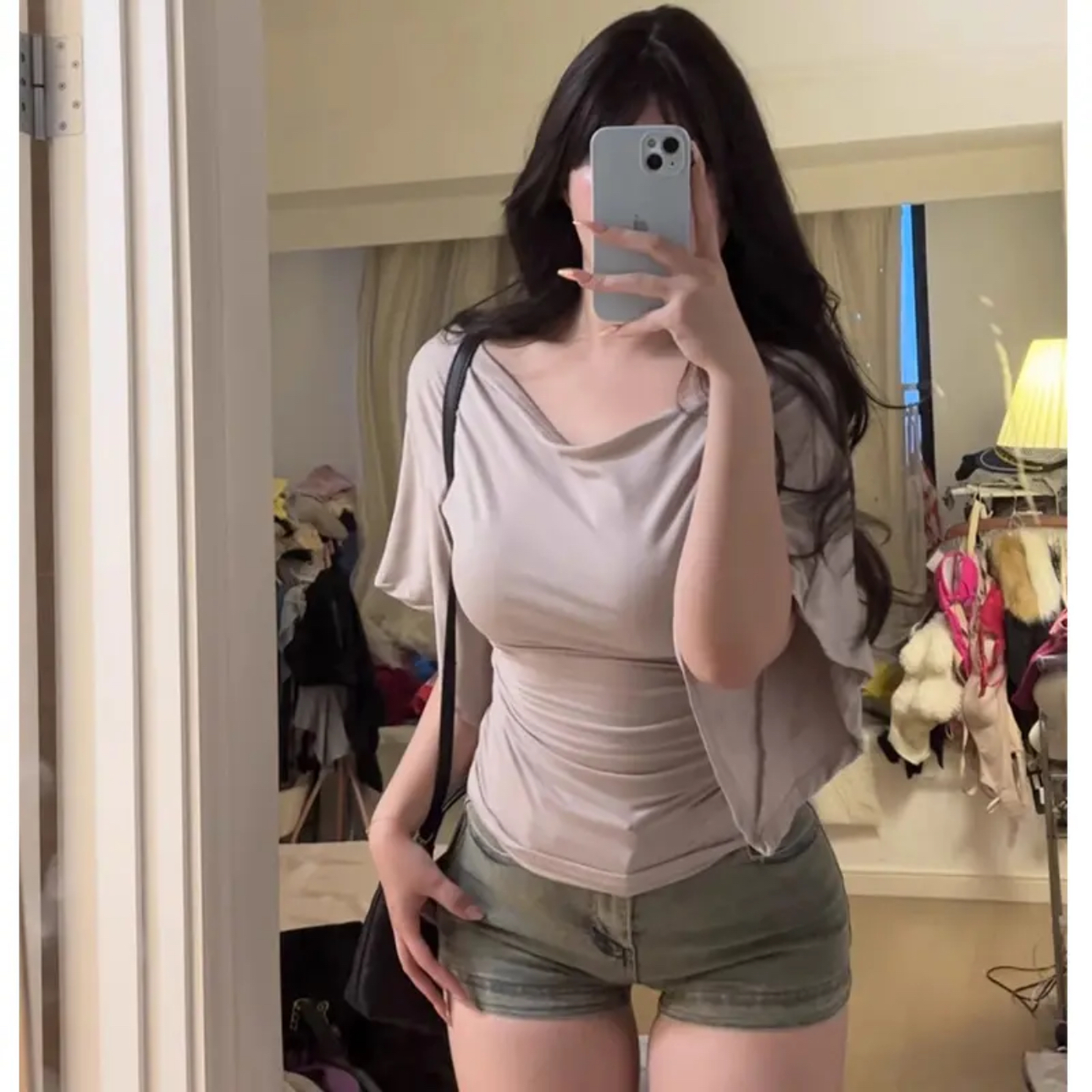 【文文酱】纯欲风荡领莫代尔胖mm显瘦短袖