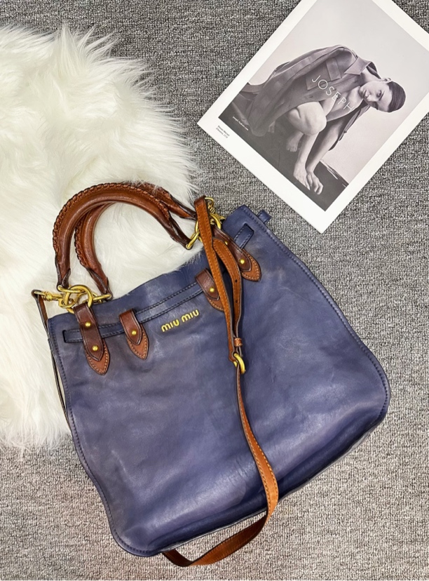 95新 MIU MIU/缪缪 miumiu 怪怪 蓝色做旧手提斜挎包