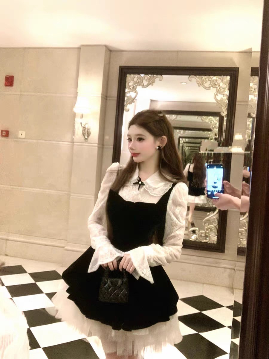 TIANSHA- 黑丝绒蛋糕 法式气质优雅蕾丝收腰网纱丝绒长袖连衣裙