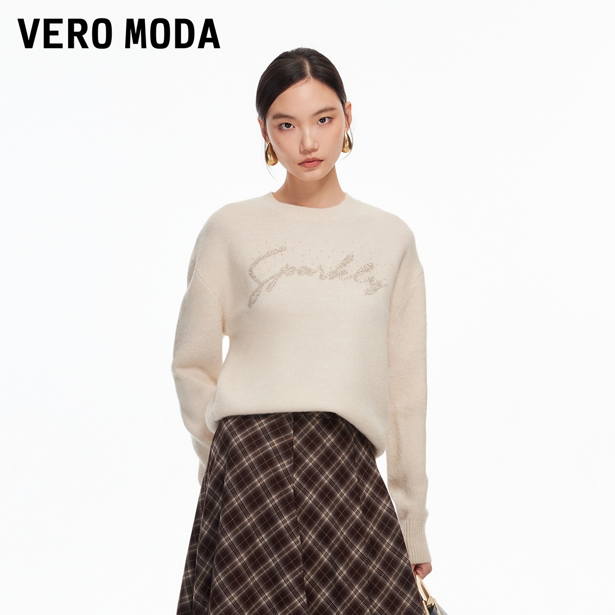 Vero Moda针织衫2025冬季新款字母钉珠宽松圆领简约套头高级感女