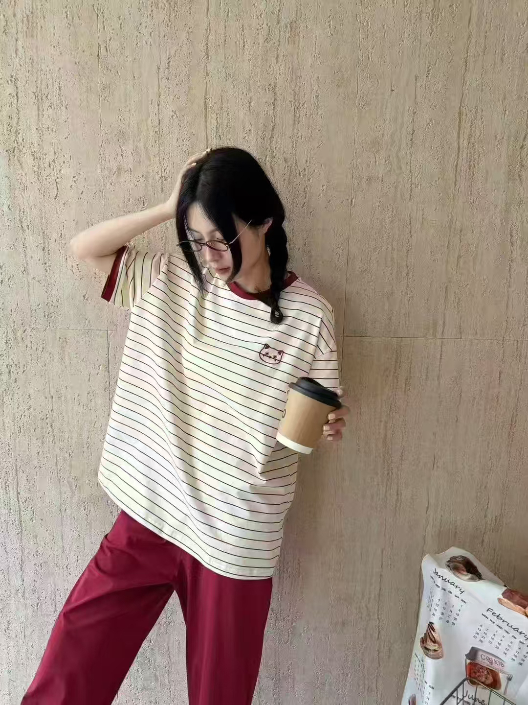 可爱狗狗条纹短袖长裤睡衣女春夏宽松休闲可外穿家居服