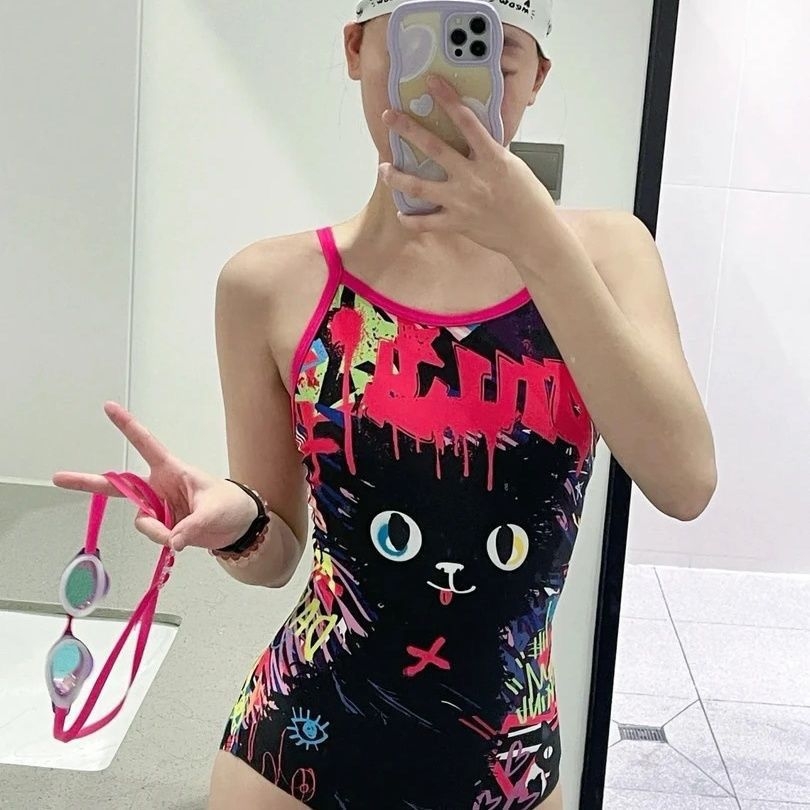 涂鸦猫 修身显瘦连体女泳衣卡通猫咪时尚性感保守专业竞速女泳衣