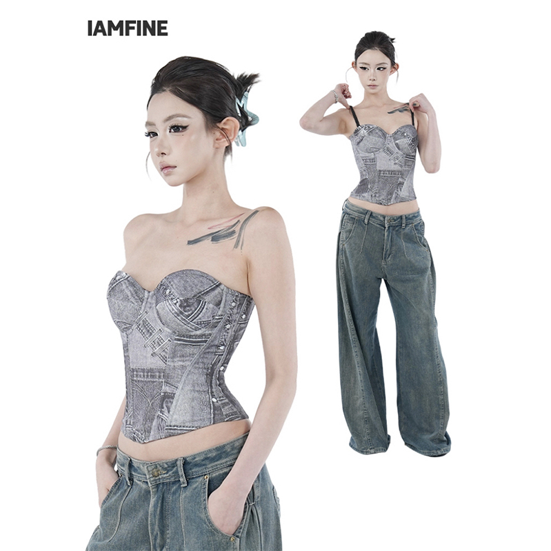 IAMFINE原创设计水洗复古牛仔印花抹胸背心鱼骨显瘦百搭辣妹