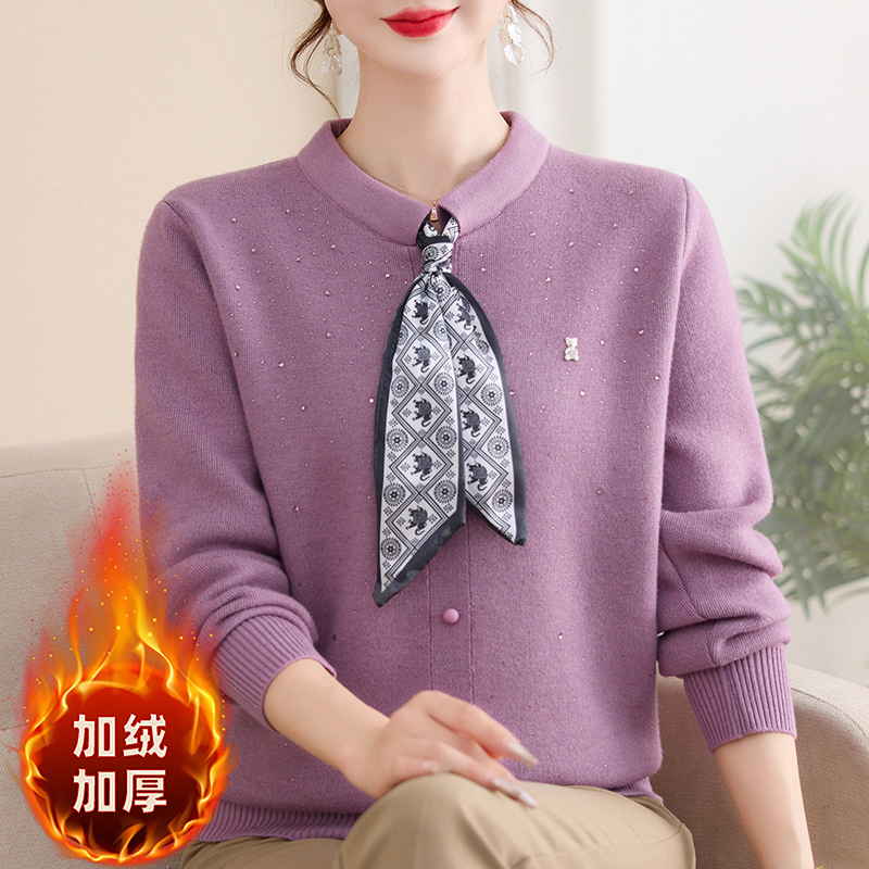 妈妈冬装加绒加厚毛衣中老年女装洋气一体绒半高领针织衫#25223