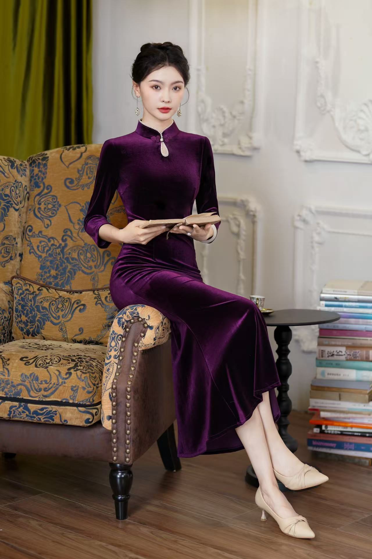 金丝绒长款鱼尾裙旗袍