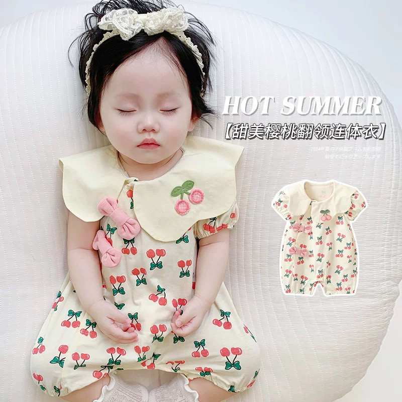 婴儿衣服夏装新生女宝宝连体薄款花瓣领蝴蝶结樱桃连体衣