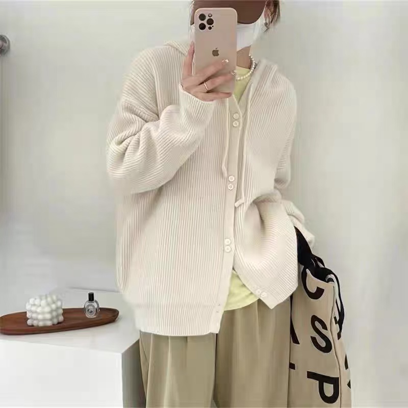 091 女款女款针织连帽慵懒风毛衣开衫