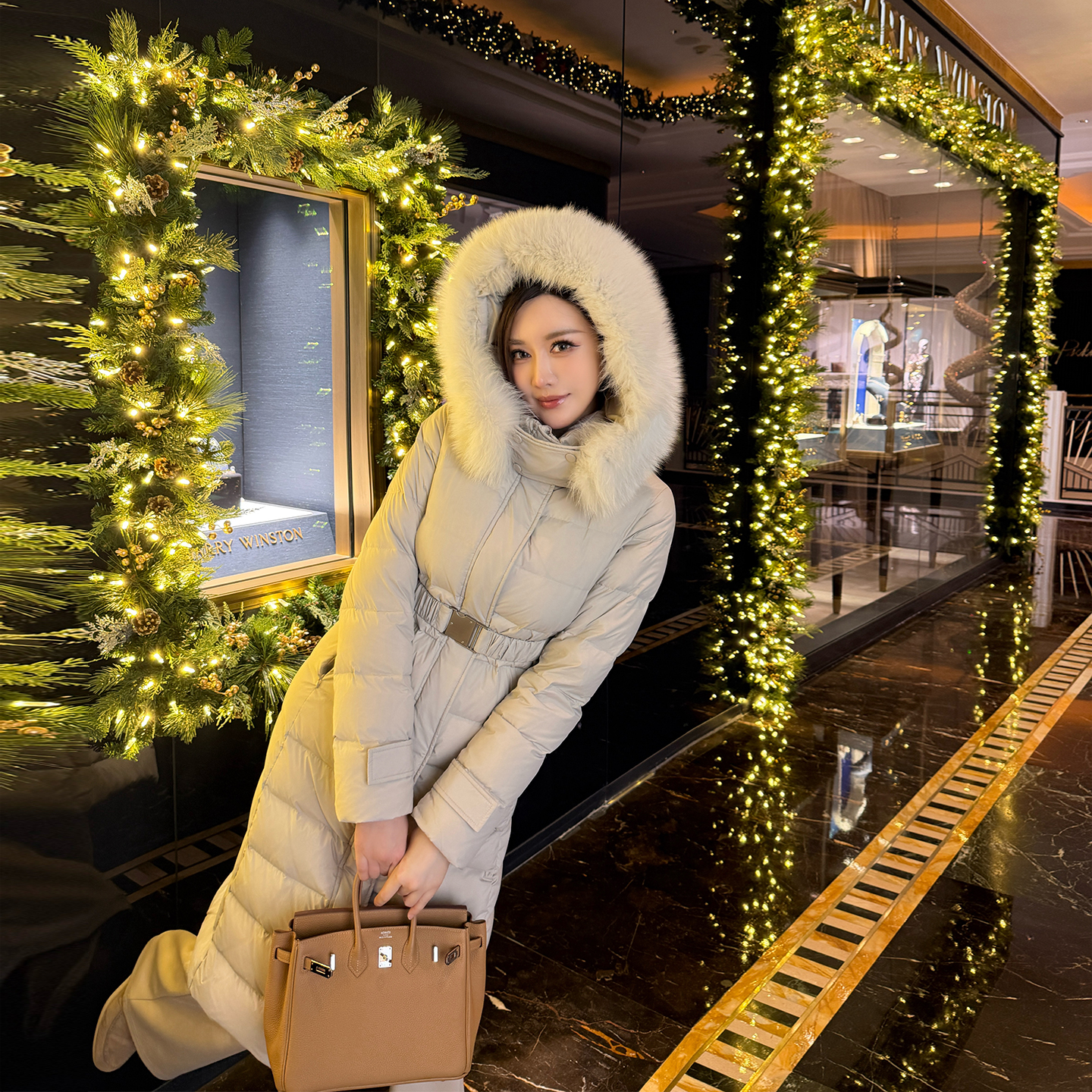 SX善喜拼狐狸毛领连帽90白鸭绒羽绒服女韩系修身过膝长款收腰外套