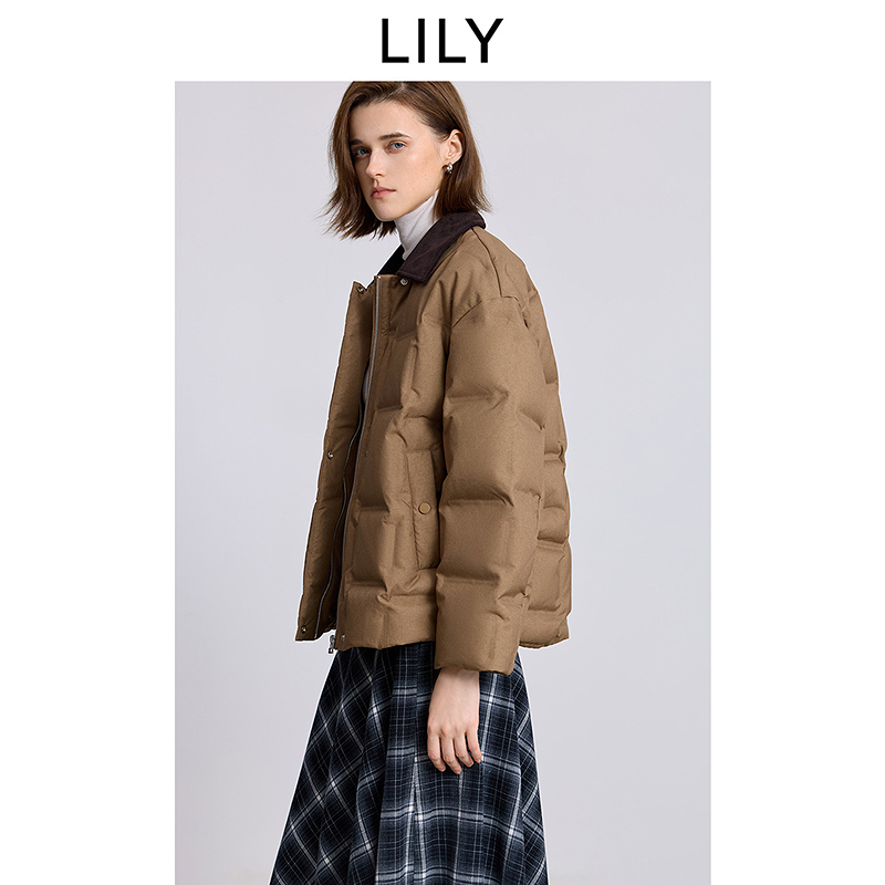LILY2025冬新款复古撞色翻领90鸭绒羽绒服外套女短款125439DD926