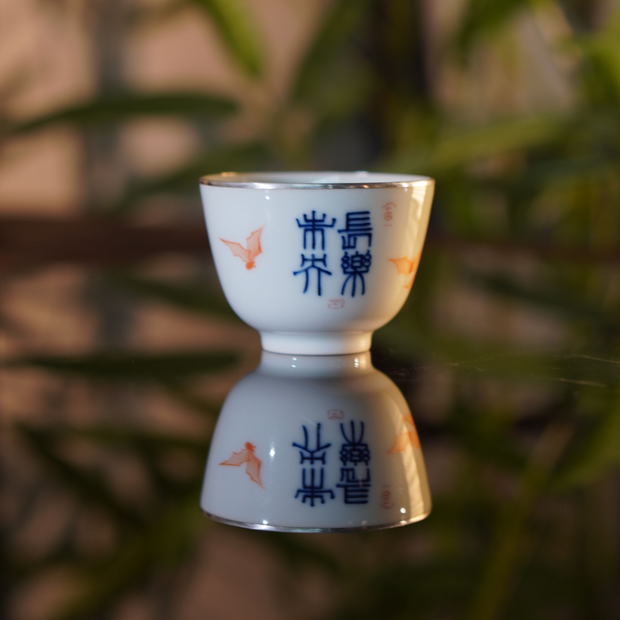 景德镇包银口手绘斗彩五福杯