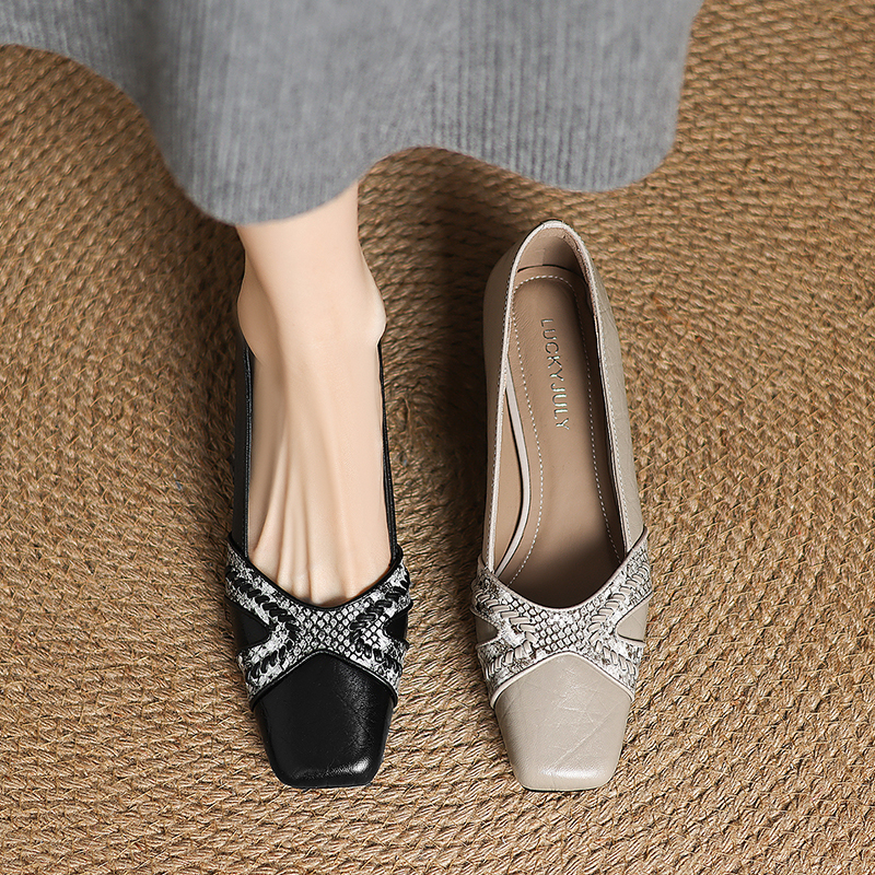 3CM-头层羊皮方头法式女单鞋秋季中跟一脚蹬法式方头中跟羊皮单鞋