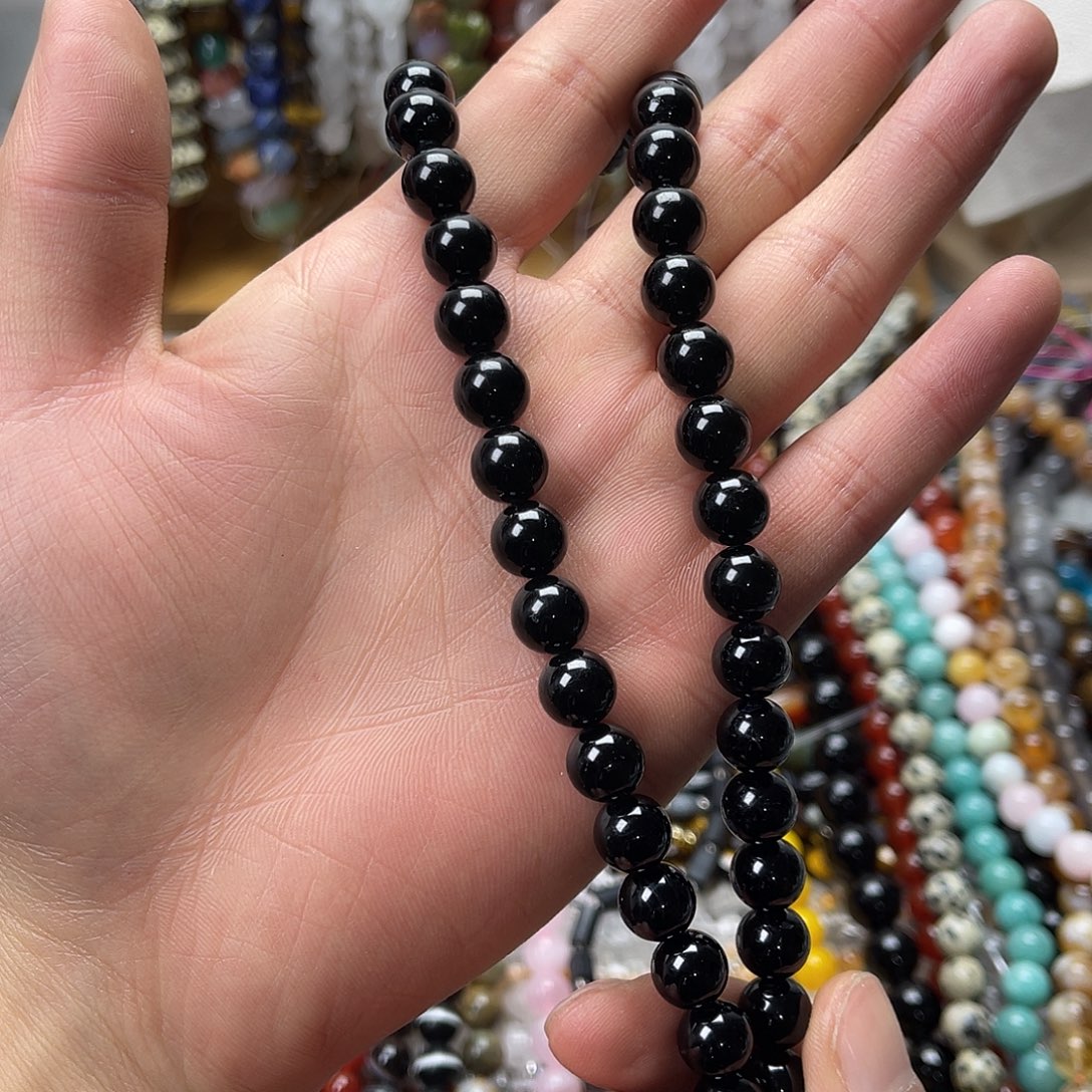 玛瑙/玉髓未镶嵌珠宝半成品卡10黑碧玺圆珠一条