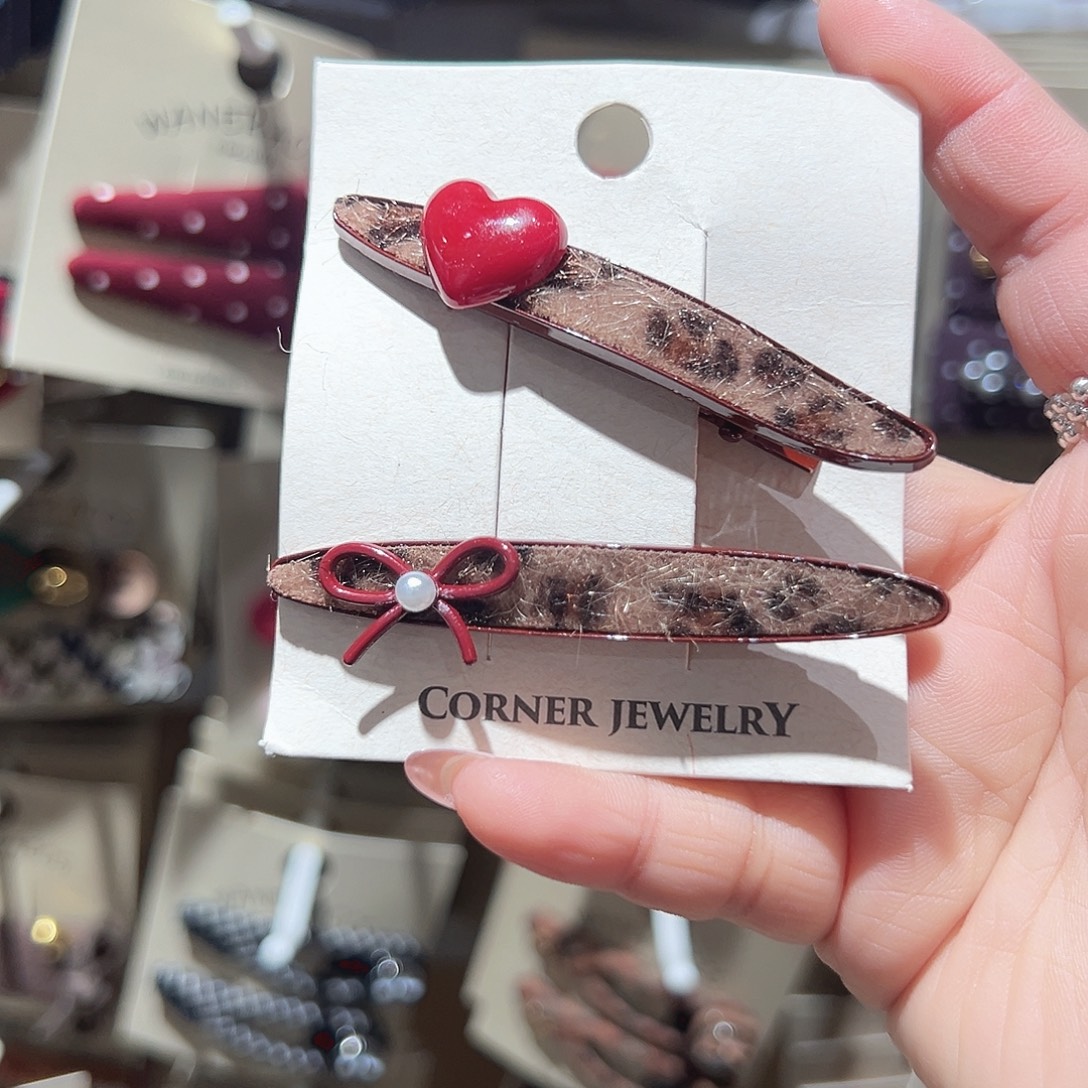 非金属豹纹爱心蝴蝶结长条鸭夹