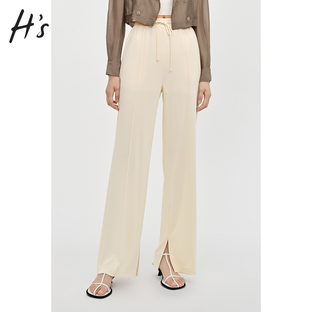 HS米色阔腿裤夏季新款女装高级设计感随性垂感显瘦直筒裤休闲裤