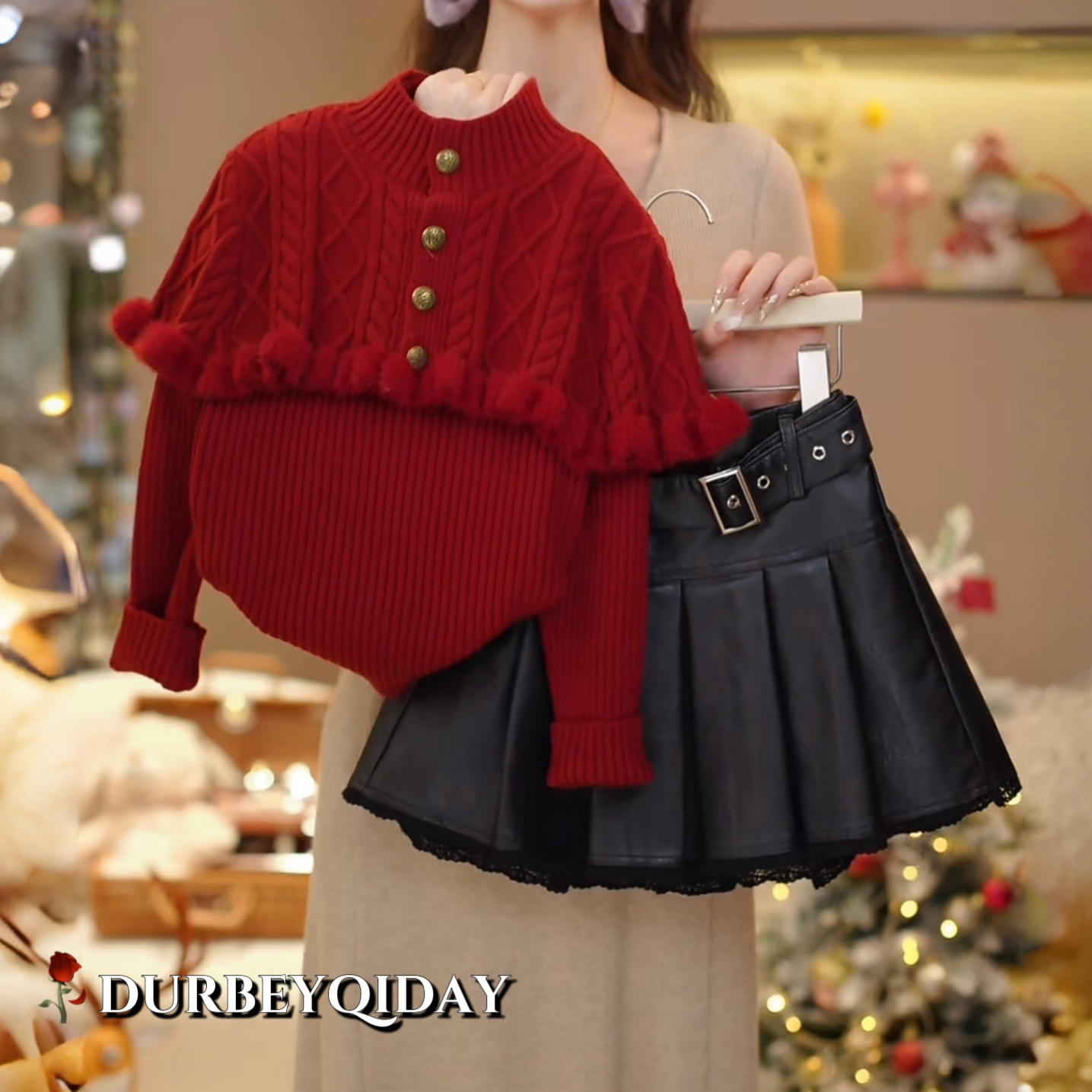 女童2026冬季新款韩版洋气单排扣披肩毛衣百搭气质皮裙套装6064