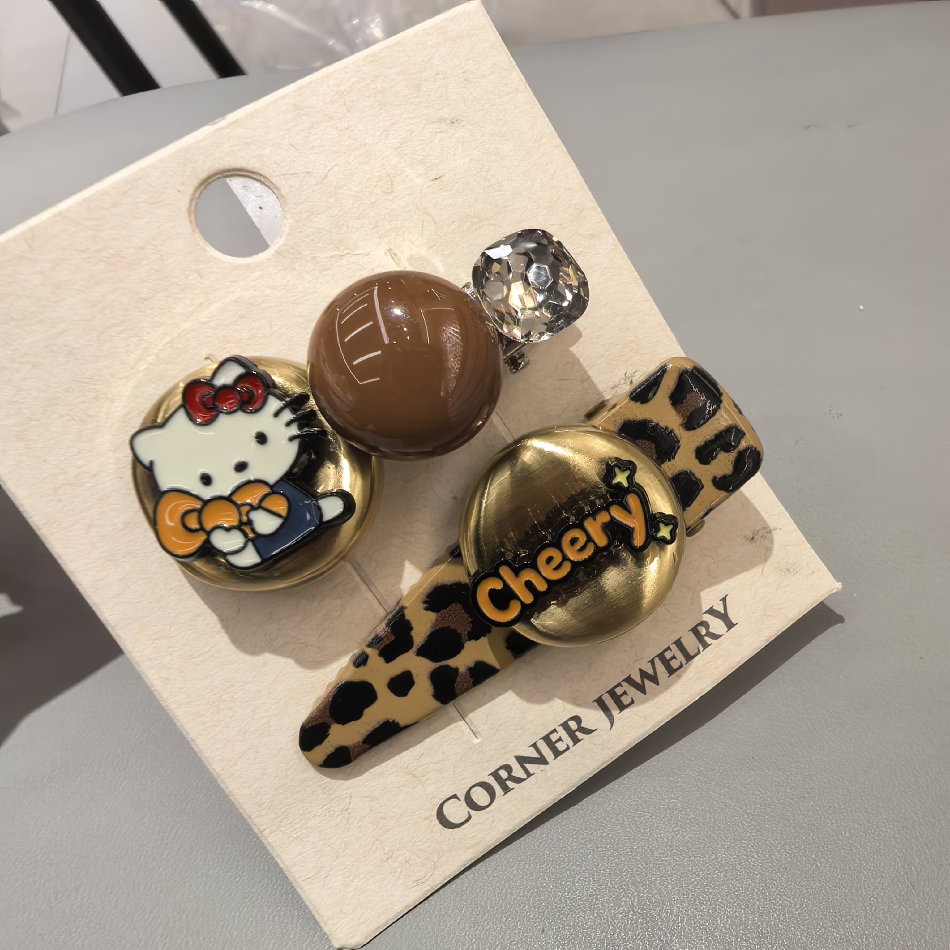 A078金色拉丝豹纹KT猫咪边夹一对