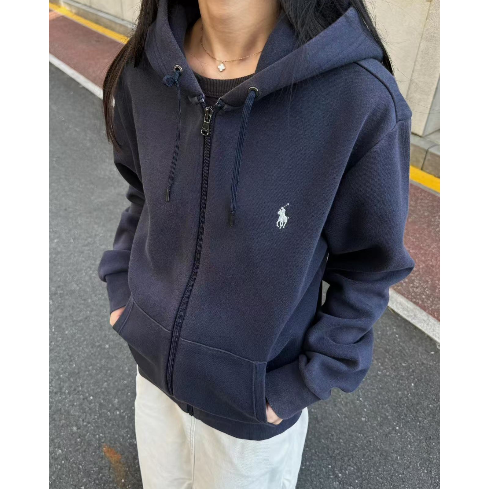 拉夫小马刺绣卫衣开衫连帽口袋设计感时尚百搭长袖拉链情侣外套男