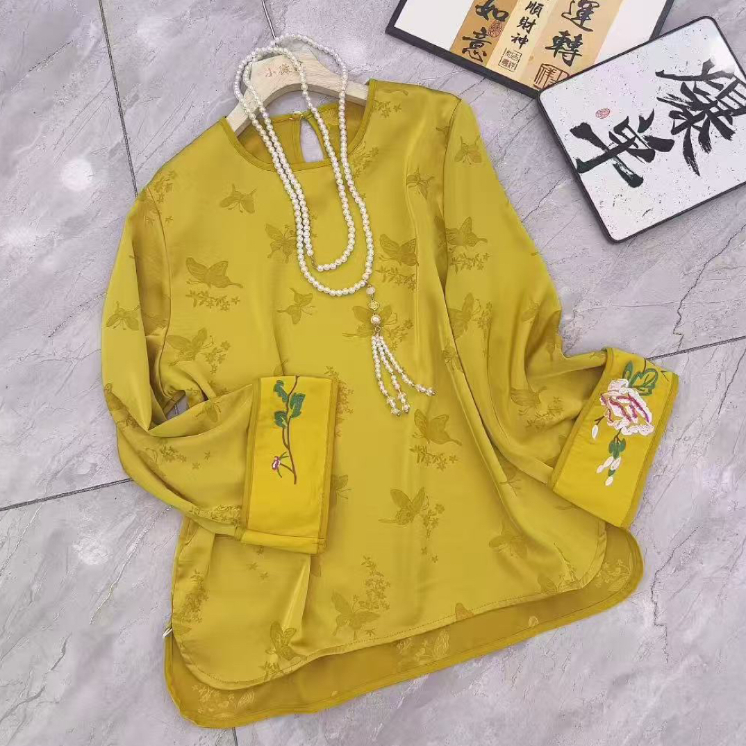 新中式国风圆领提花复古刺绣百搭宽松秋季上衣衬衫