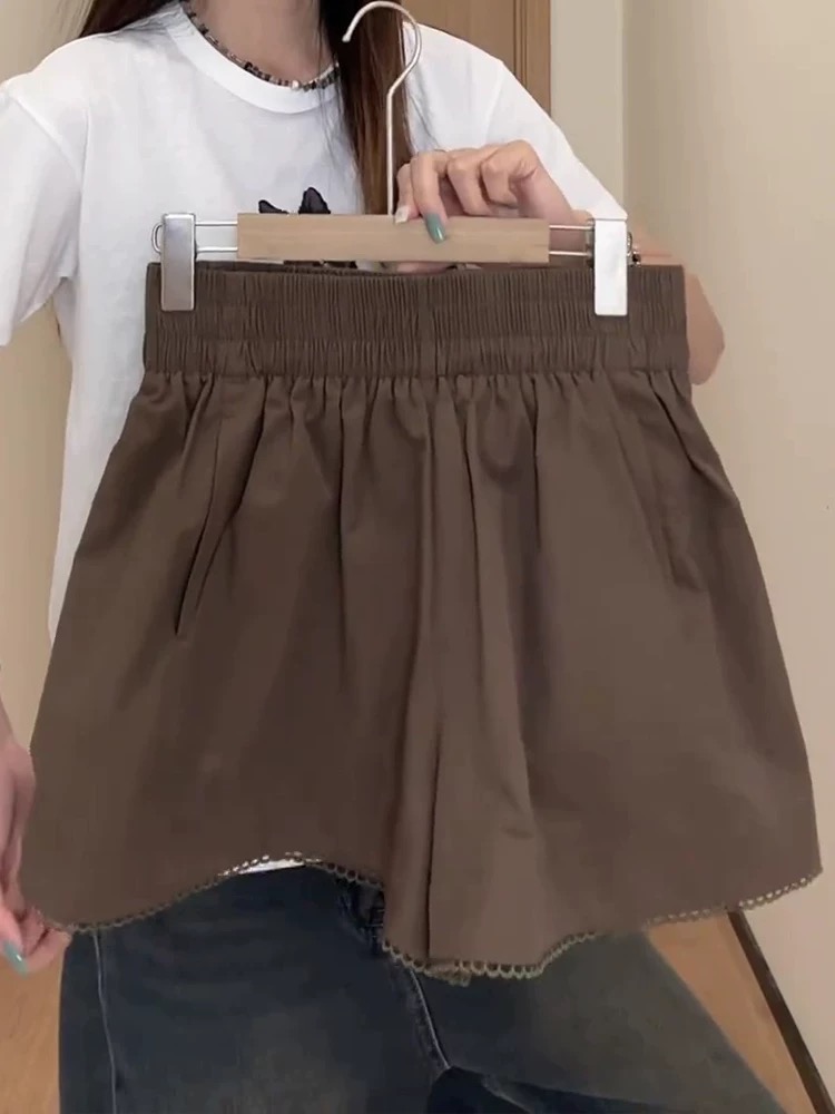 大码咖色设计感高腰休闲短裤女夏季小个子显瘦百搭a字阔腿热裤子