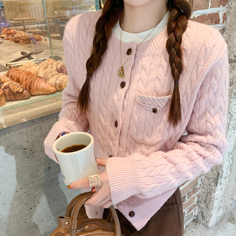 秋冬新款韩系粉色少女圆领设计毛衣长袖针织衫上衣LK1230161