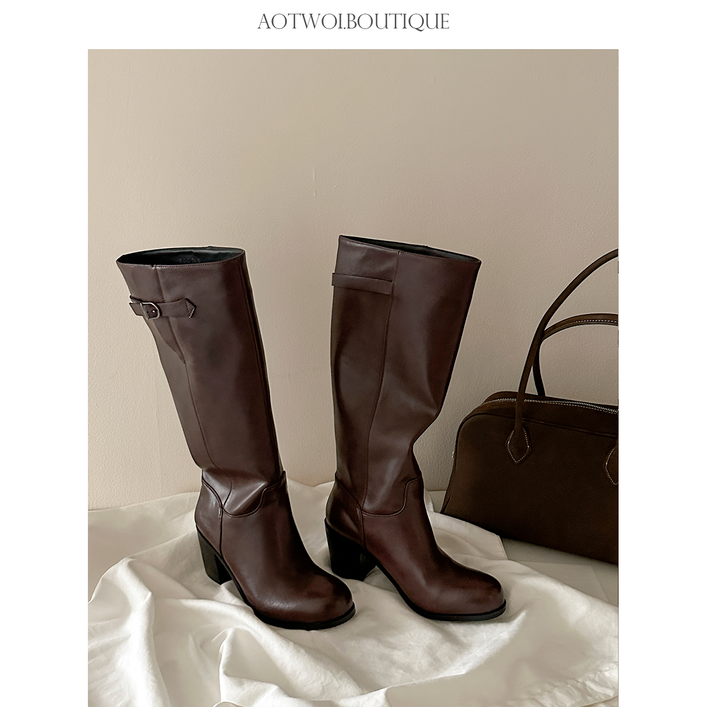 AoTwOi【黑标系列】复古粗跟牛皮长筒骑士靴秋冬休闲圆头时装靴