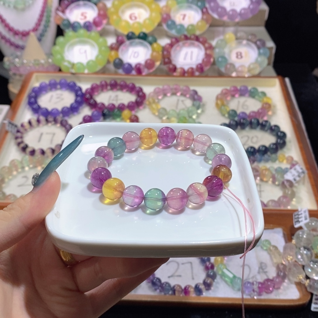 萤石未镶嵌手链高冰透桃花色西瓜