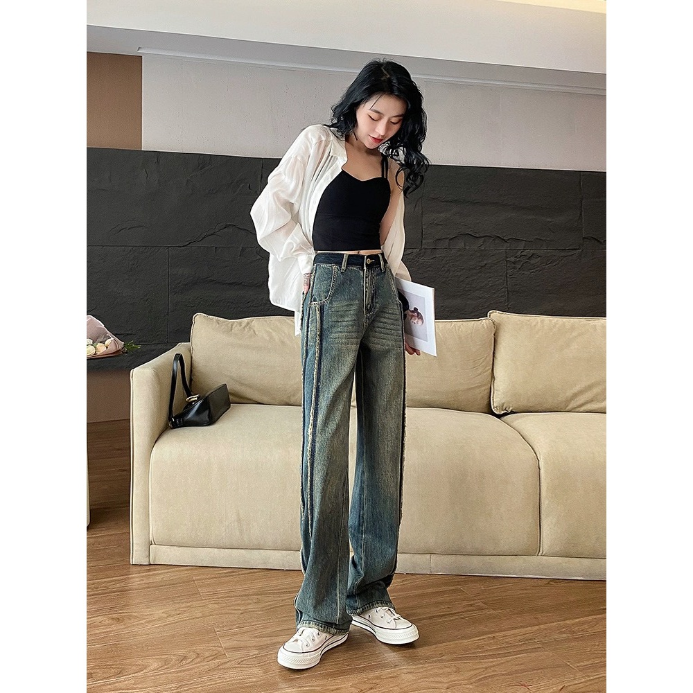 怀旧蓝高腰直筒阔腿牛仔裤女秋冬新款毛边设计感宽松垂感拖地裤子