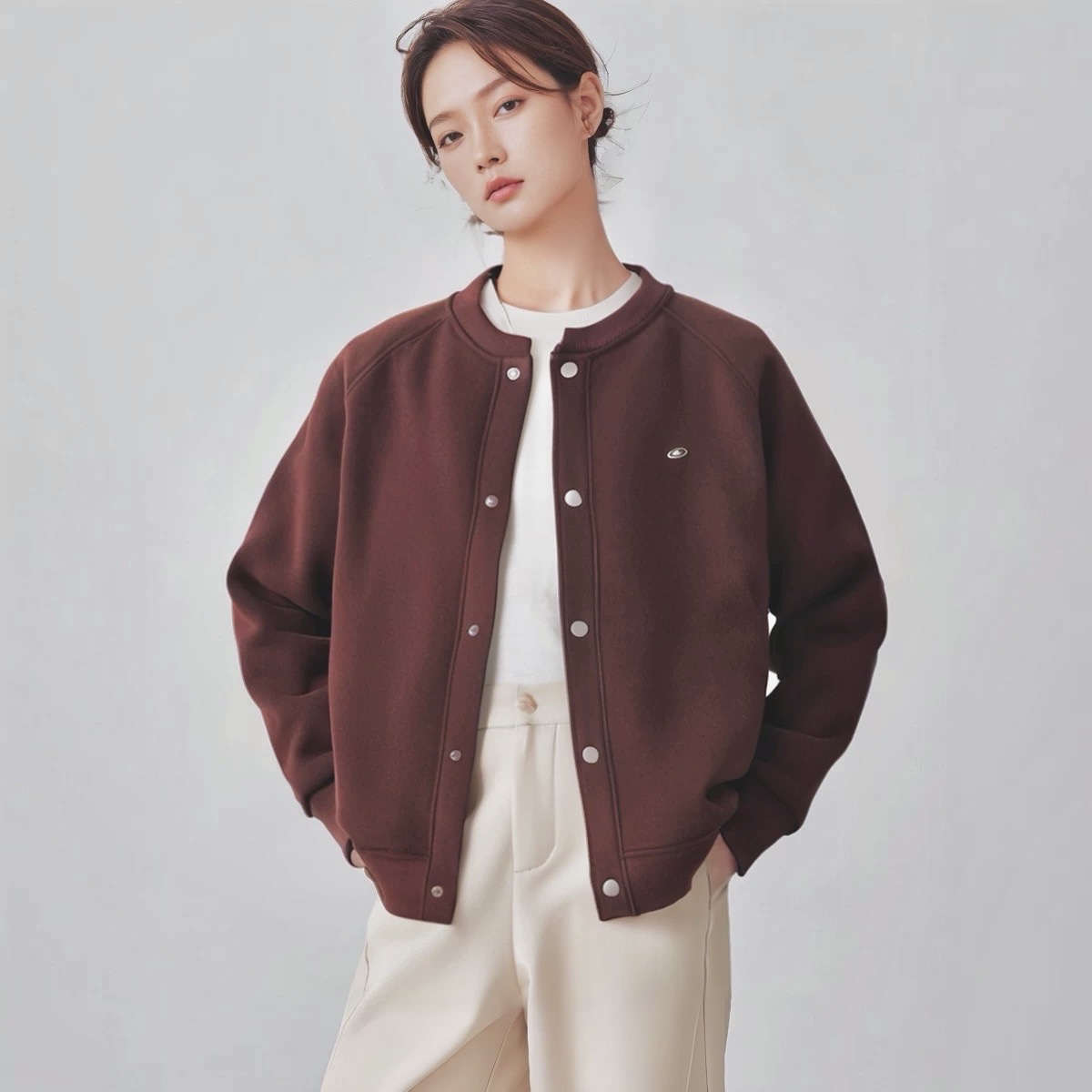 新款女圆领落肩长袖加绒卫衣宽松时尚开衫外套