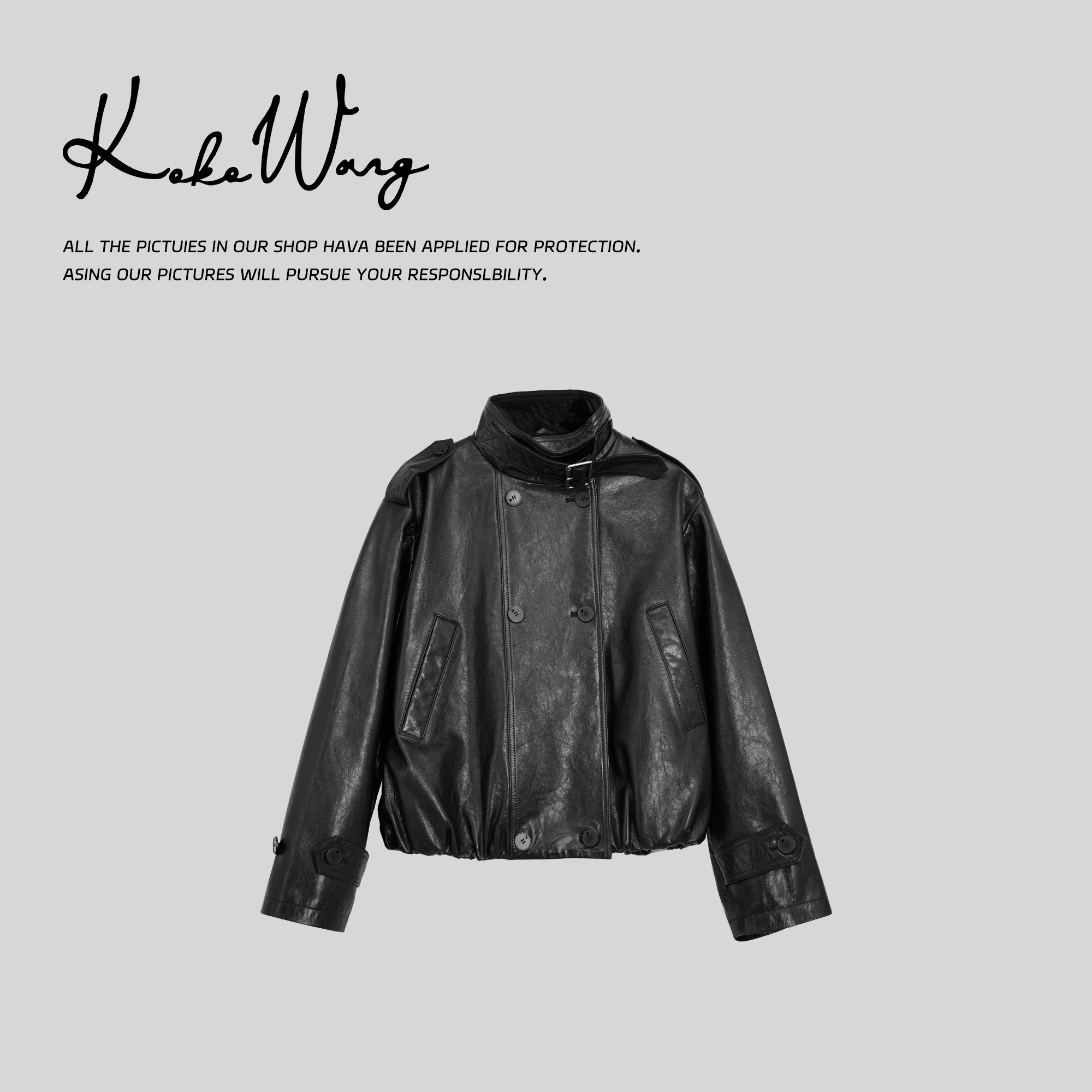 KOKO WANG新款时尚宽松立领减龄双排扣皮衣短外套N4585A12W42