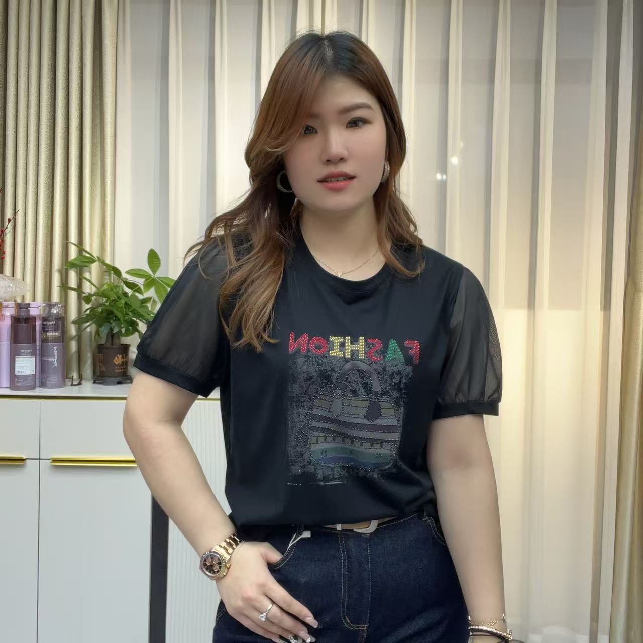 小鑫肝@现货浮力丝光棉蕾丝拼接包包图案烫钻百搭T恤 2530