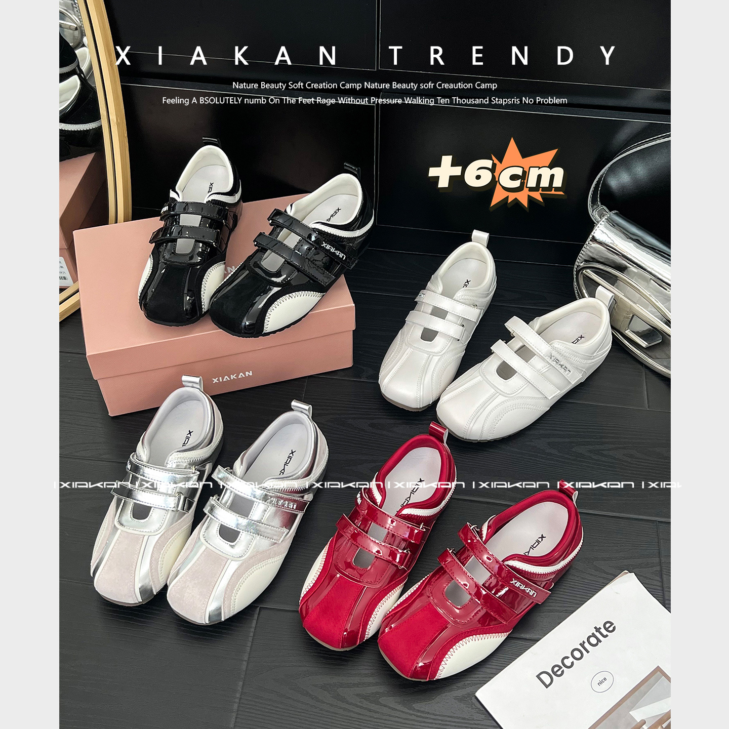 夏侃 XIAKAN内增高6cm魔术贴运动玛丽珍鞋早春百搭休闲德训鞋单鞋