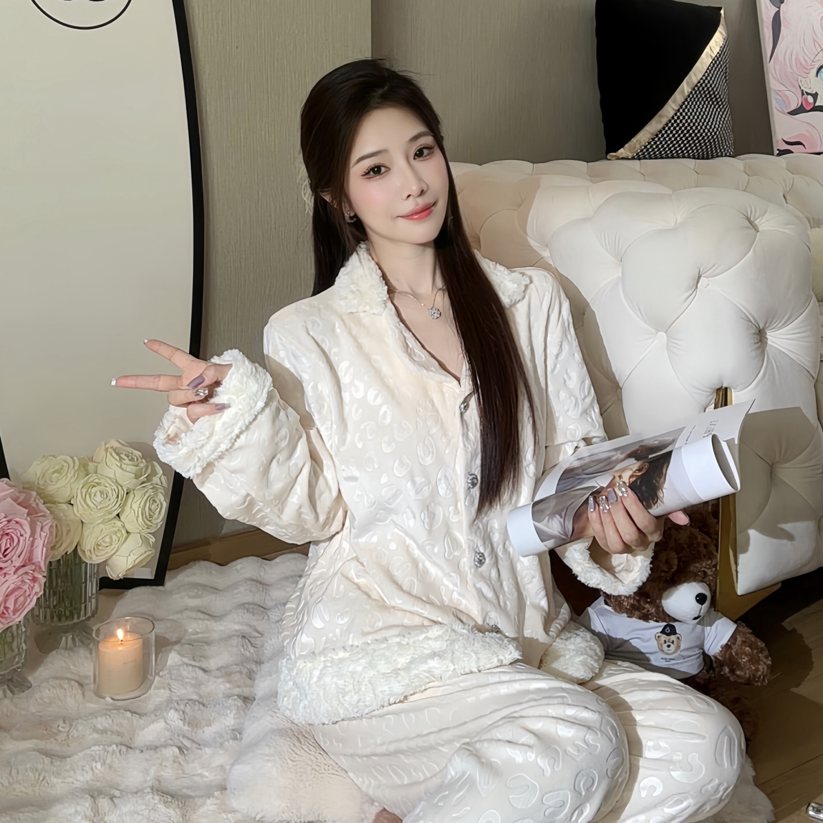 【兔儿家】豹纹海岛绒女士秋冬长袖长裤保暖可外穿睡衣套装