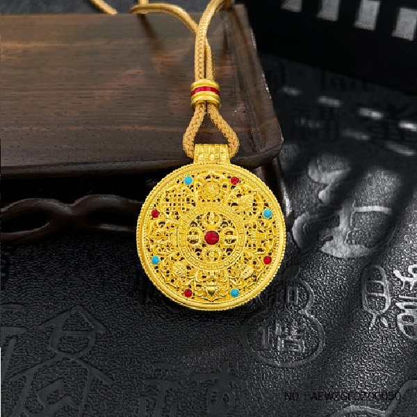 足金999八宝罗盘吊坠古法镂空花丝挂绳吊坠低温珐琅编绳挂坠传承